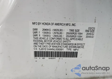 2022 Acura Mdx Technology z USA, uszkodzony, nr VIN 5J8YE1H44NL006991
